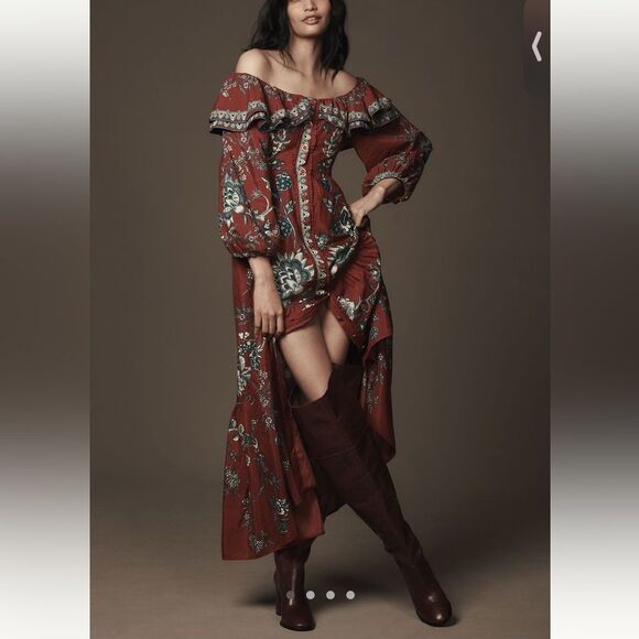 FARM Rio  Long Sleeve Dress Off the Shoulder Ruffle Maxi Dress - Picture 1 of 4
